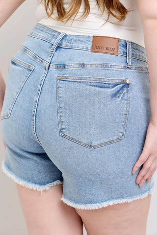 Judy Blue Full Size Tummy Control Raw Hem Denim Shorts Plus Size - Just Believe Boutique