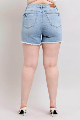 Judy Blue Full Size Tummy Control Raw Hem Denim Shorts Plus Size - Just Believe Boutique