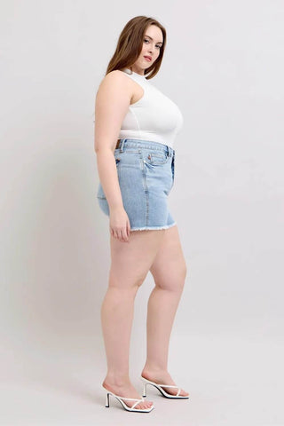 Judy Blue Full Size Tummy Control Raw Hem Denim Shorts Plus Size - Just Believe Boutique