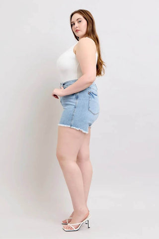 Judy Blue Full Size Tummy Control Raw Hem Denim Shorts Plus Size - Just Believe Boutique