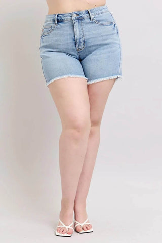 Judy Blue Full Size Tummy Control Raw Hem Denim Shorts Plus Size - Just Believe Boutique