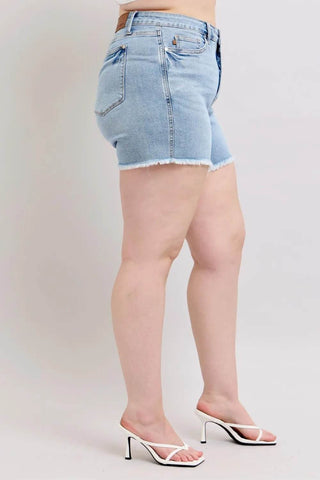 Judy Blue Full Size Tummy Control Raw Hem Denim Shorts Plus Size - Just Believe Boutique