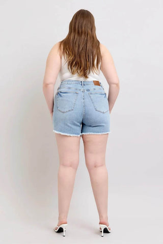 Judy Blue Full Size Tummy Control Raw Hem Denim Shorts Plus Size - Just Believe Boutique