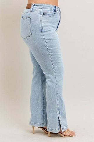 Judy Blue Full Size Tummy Control Vintage Wash Side Slit Slim Boot Jeans Plus Size - Just Believe Boutique