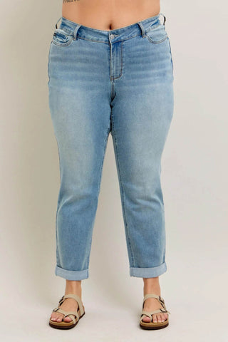 Judy Blue Full Size V-Front Cuff Boyfriend Jeans Plus Size - Just Believe Boutique