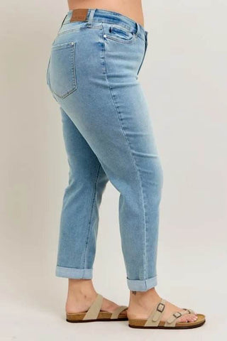 Judy Blue Full Size V-Front Cuff Boyfriend Jeans Plus Size - Just Believe Boutique