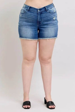 Judy Blue Full Size V-Front Denim Shorts with Shield Pockets Plus Size - Just Believe Boutique