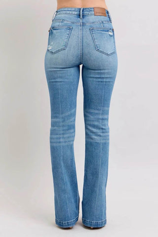 Judy Blue HW Tummy Control Vintage Wash Side Slit Slim Boot Jeans - Just Believe Boutique