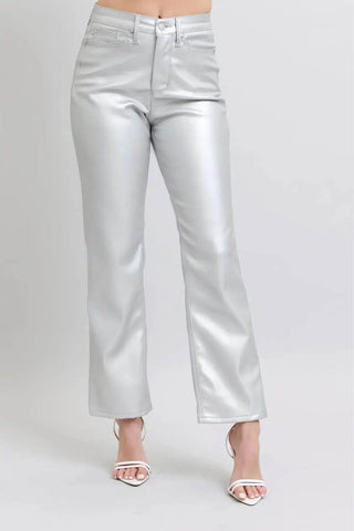 JUDY BLUE METALLIC SILVER FAUX LEATHER - Just Believe Boutique