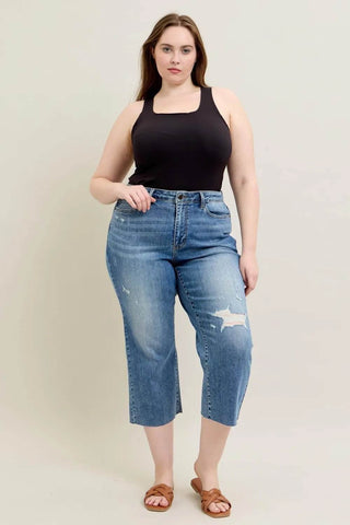 Judy Blue Plus Size High Waist Back Destroy & Raw Cut Hem Crop Wide - Just Believe Boutique