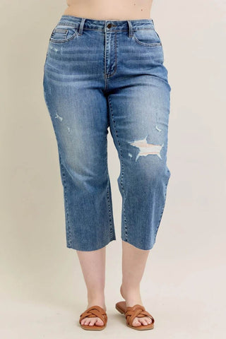 Judy Blue Plus Size High Waist Back Destroy & Raw Cut Hem Crop Wide - Just Believe Boutique