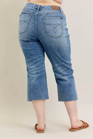 Judy Blue Plus Size High Waist Back Destroy & Raw Cut Hem Crop Wide - Just Believe Boutique