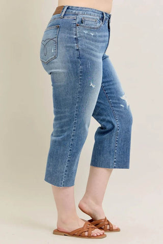 Judy Blue Plus Size High Waist Back Destroy & Raw Cut Hem Crop Wide - Just Believe Boutique