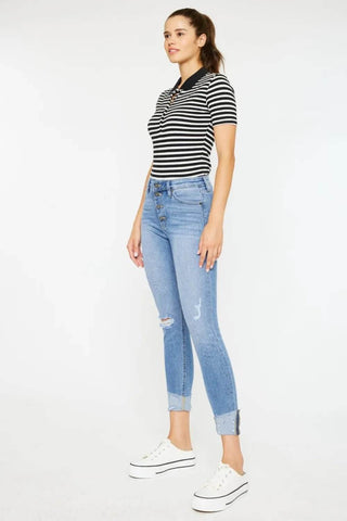 Kancan Distressed Cat's Whiskers Button Fly Jeans - Just Believe Boutique