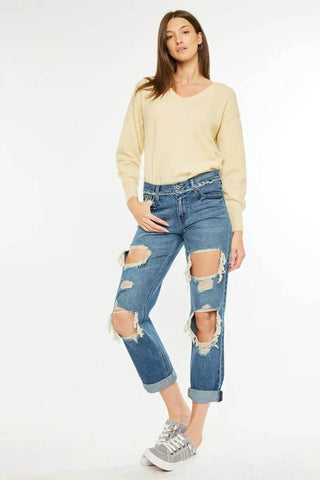 Kancan Distressed Mid Rise True Boyfriend Jeans - Just Believe Boutique