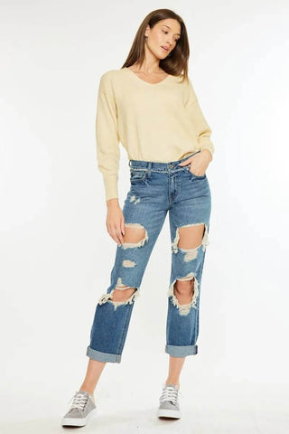 Kancan Distressed Mid Rise True Boyfriend Jeans - Just Believe Boutique