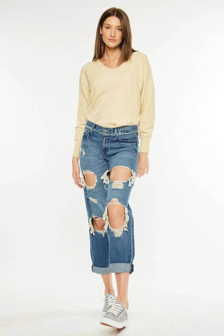 Kancan Distressed Mid Rise True Boyfriend Jeans - Just Believe Boutique