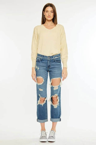 Kancan Distressed Mid Rise True Boyfriend Jeans - Just Believe Boutique