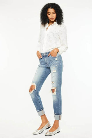 Kancan High Rise Distressed Boyfriend Fit Jeans - Just Believe Boutique