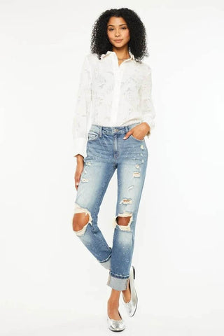 Kancan High Rise Distressed Boyfriend Fit Jeans - Just Believe Boutique