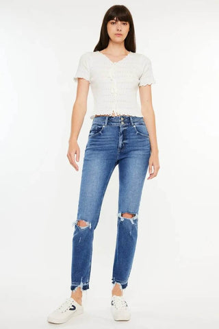 Kancan High Rise Distressed Slim Straight Jeans - Just Believe Boutique