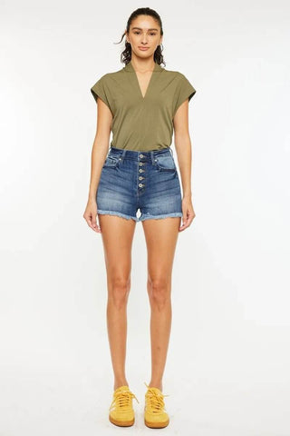 Kancan High Rise Frayed Hem Denim Shorts - Just Believe Boutique