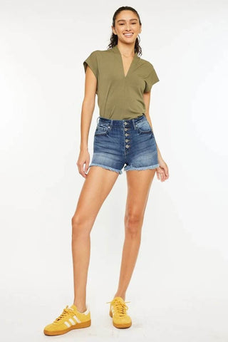 Kancan High Rise Frayed Hem Denim Shorts - Just Believe Boutique