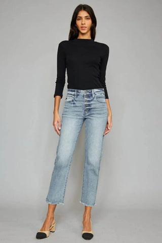 Kancan High Waist Button Fly Raw Hem Cropped Straight Jeans - Just Believe Boutique