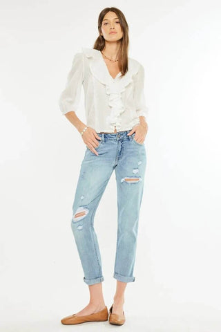 Kancan Mid Rise Distressed Boyfriend Fit Jeans - Just Believe Boutique