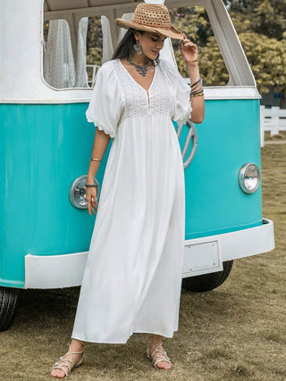 Lace Detail Eyelet V-Neck Half Sleeve Dress - Just Believe Boutique