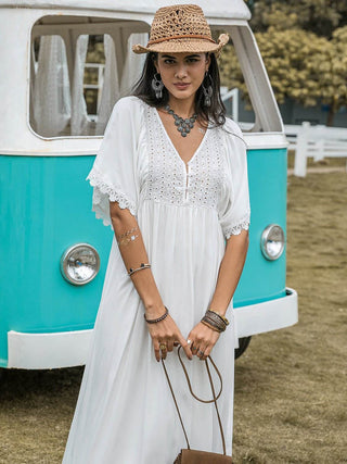 Lace Detail Eyelet V-Neck Half Sleeve Dress - Just Believe Boutique