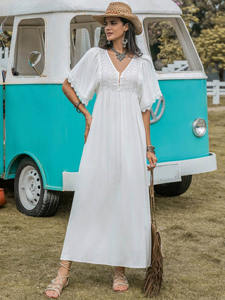 Lace Detail Eyelet V-Neck Half Sleeve Dress - Just Believe Boutique