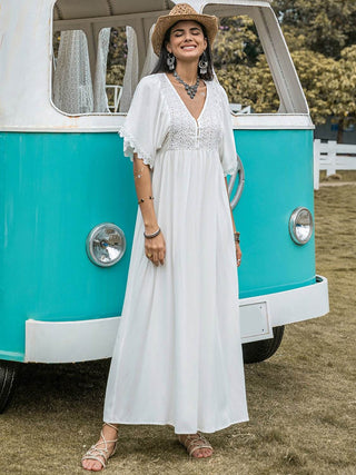 Lace Detail Eyelet V-Neck Half Sleeve Dress - Just Believe Boutique