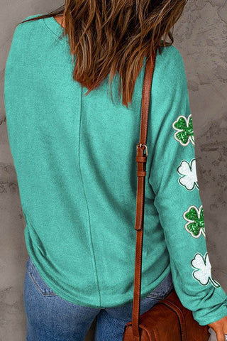 Lucky Clover Sequin Round Neck Sweatshirt - Just Believe Boutique