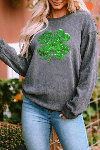 Lucky Clover Sequin Round Neck Sweatshirt - Just Believe Boutique