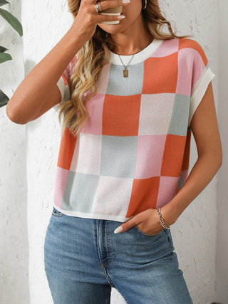 Mandy Checkered Round Neck Cap Sleeve Knit Top - Just Believe Boutique