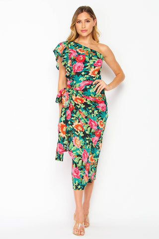 One Shoulder Floral Print Dress - Just Believe Boutique