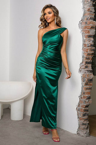 One-Shoulder Ruched Slit Maxi Dress - Just Believe Boutique