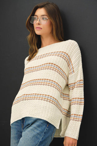OVERSIZED STRIPE LONG SLEEVE KNIT SWEATER - Just Believe Boutique