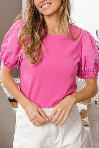 Pearl Detail Round Neck Puff Sleeve Blouse - Just Believe Boutique