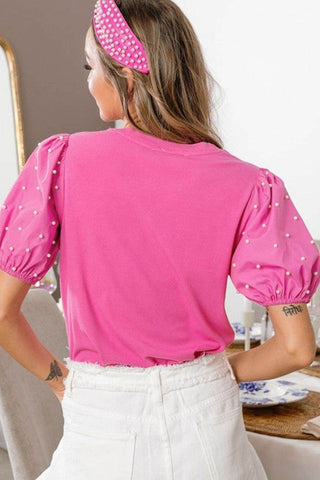 Pearl Detail Round Neck Puff Sleeve Blouse - Just Believe Boutique