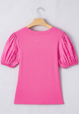 Pearl Detail Round Neck Puff Sleeve Blouse - Just Believe Boutique