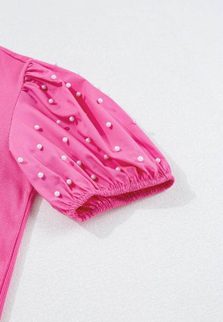 Pearl Detail Round Neck Puff Sleeve Blouse - Just Believe Boutique