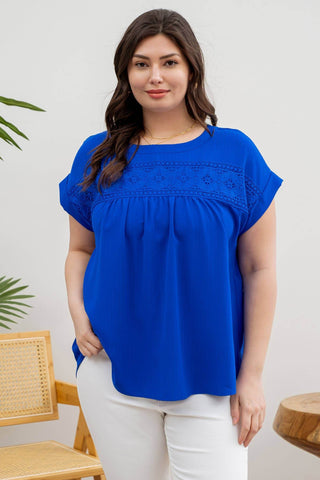 PLUS FLORAL EYELET LACE TOP: BLUE - Just Believe Boutique