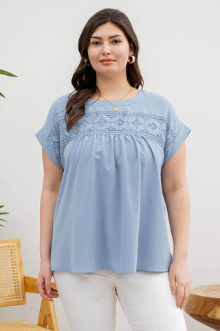 PLUS FLORAL EYELET LACE TOP: BLUE - Just Believe Boutique
