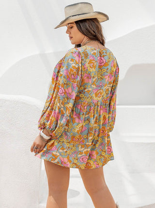 Plus Size Floral Tie Neck Balloon Sleeve Romper - Just Believe Boutique