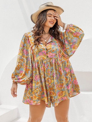 Plus Size Floral Tie Neck Balloon Sleeve Romper - Just Believe Boutique