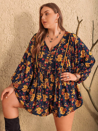 Plus Size Floral Tie Neck Balloon Sleeve Romper - Just Believe Boutique