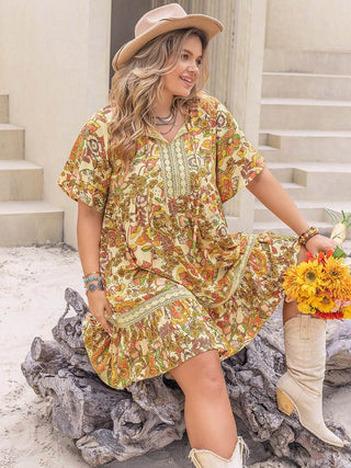 Plus Size Printed Tie Neck Short Sleeve Mini Dress - Just Believe Boutique