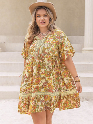 Plus Size Printed Tie Neck Short Sleeve Mini Dress - Just Believe Boutique